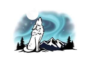 lone wolf howling at full moon with northern lights backdrop tattoo idea