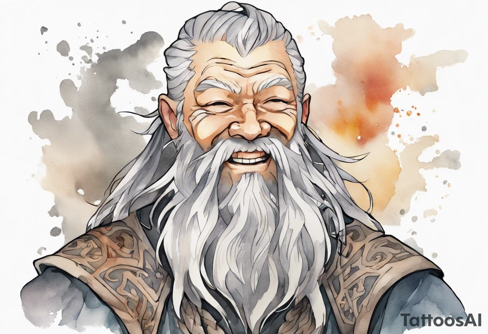 a large Norse man with a grey beard, smiling tattoo idea