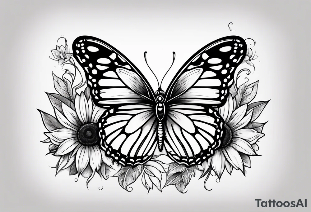 Half sunflower half butterfly tattoo idea