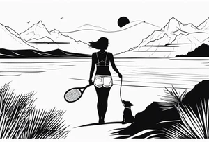 Beach Mountain Racket dog woman tattoo idea