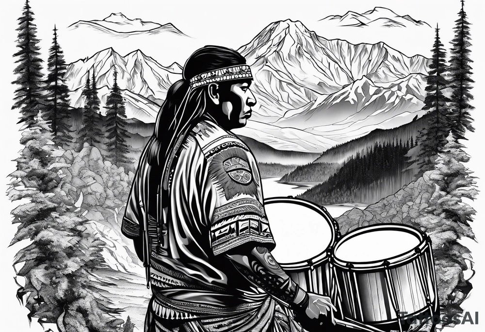 American Indian drummer in front of Mount Denali tattoo idea