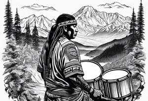 American Indian drummer in front of Mount Denali tattoo idea