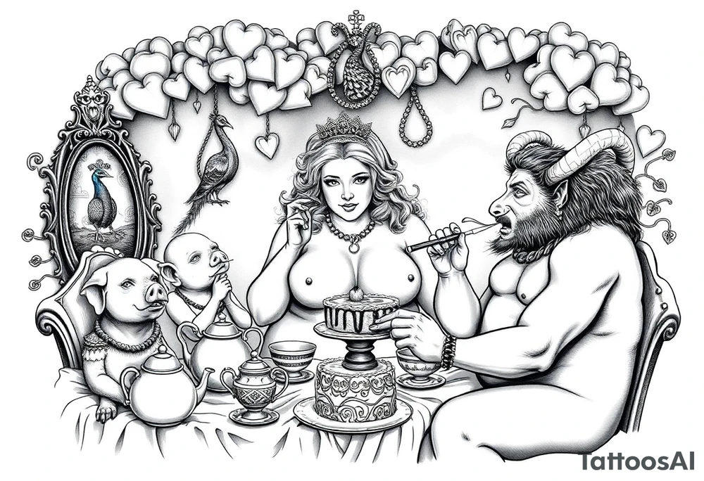 naked fat lady having a tea party with tea pots and 
with a pig, peacock, noose, lion, goat, smoking cigerettes looking in the mirror having sex with a man eating a cake thru storm clouds with knife and broken hearts and darkness and wrath tattoo idea
