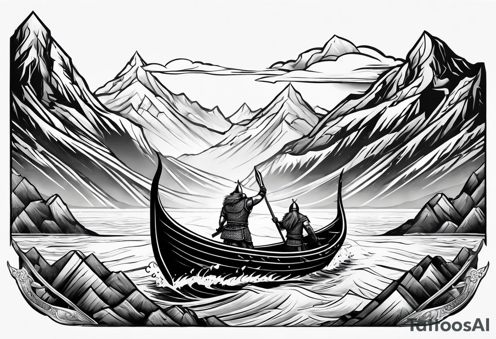 Viking in a boat flying above mountains tattoo idea