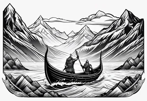 Viking in a boat flying above mountains tattoo idea