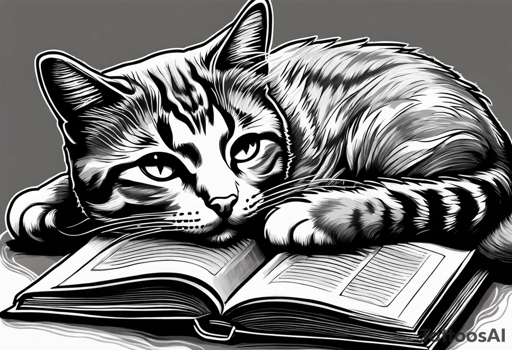 gray tabby cat sleeping with a book sleeve tattoo tattoo idea
