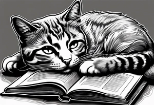 gray tabby cat sleeping with a book sleeve tattoo tattoo idea