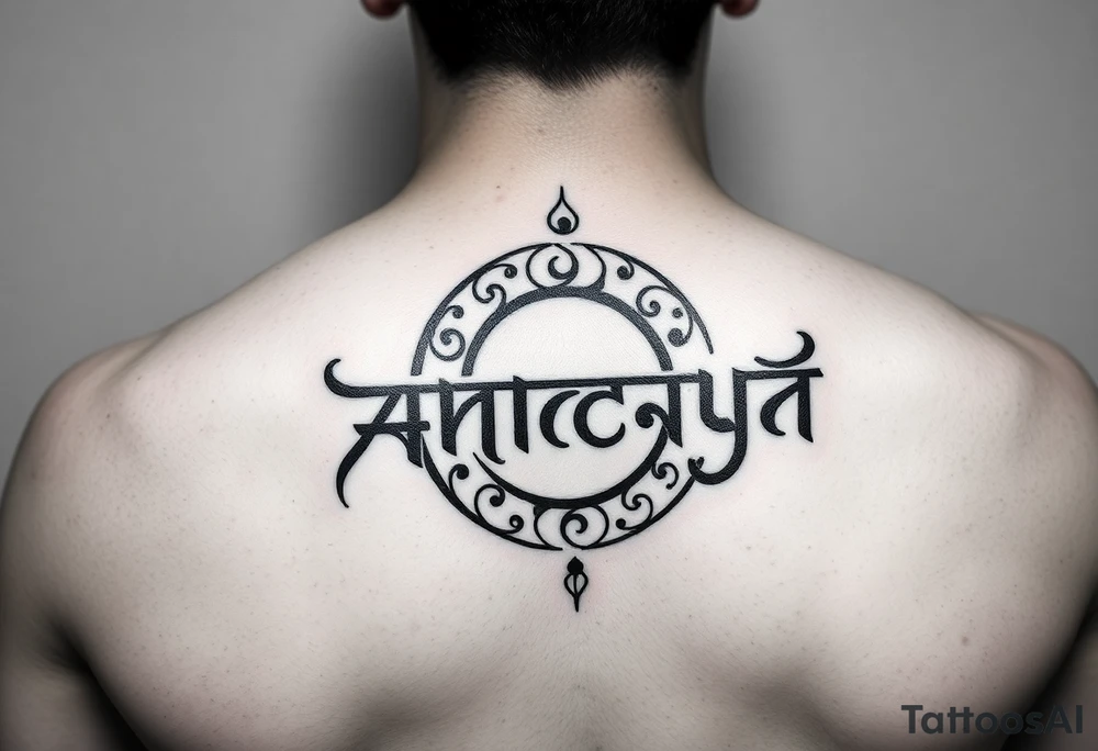 Create a tattoo that writes the Hindi word "Anichya" with A circle or spiral, which represents the cyclical nature of life and death tattoo idea