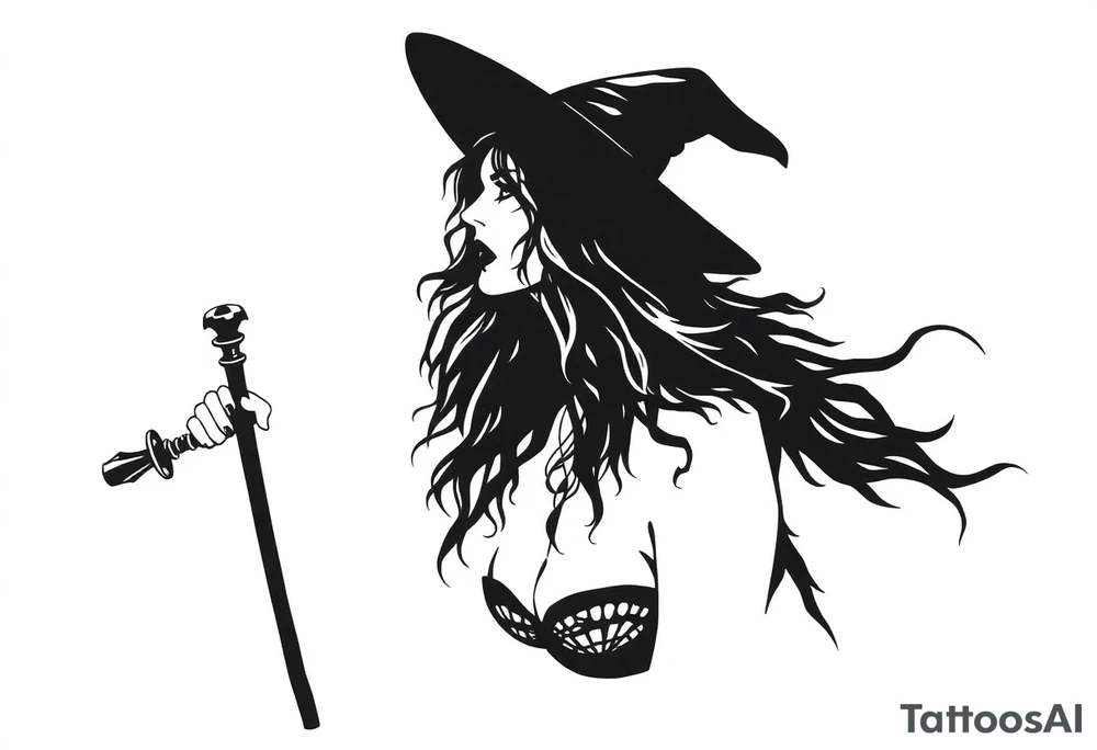 A silhouette stencil style drawing of Stevie nicks as a witch tattoo idea