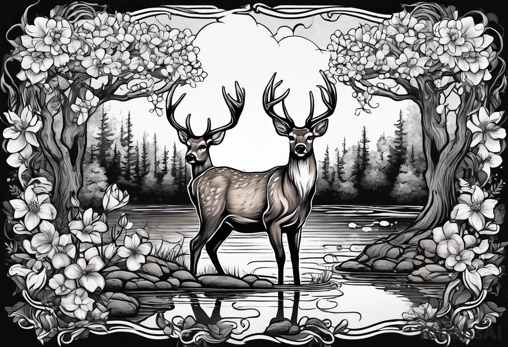Deer standing in front of a pond with trees and dogwood flowers in the background tattoo idea