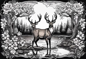 Deer standing in front of a pond with trees and dogwood flowers in the background tattoo idea