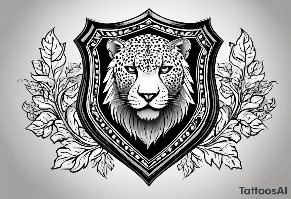 A shield with small leopar head as shield's emblem. The shield would be hang on a ivy planted wall tattoo idea