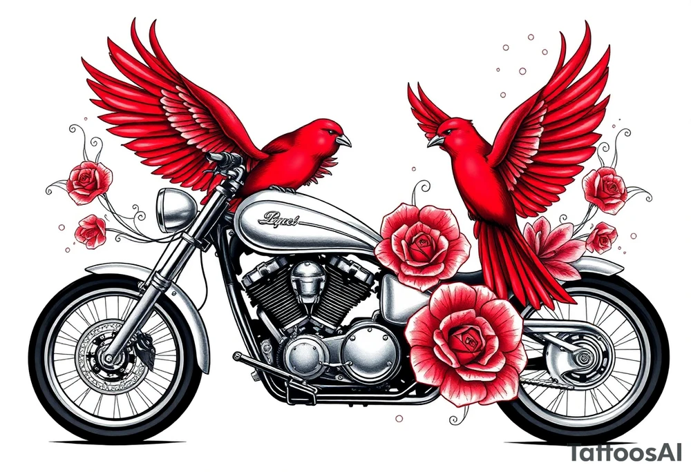 Motorcycle driving away, two red birds flying, roses and lace, flames tattoo idea