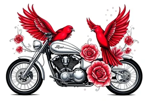 Motorcycle driving away, two red birds flying, roses and lace, flames tattoo idea