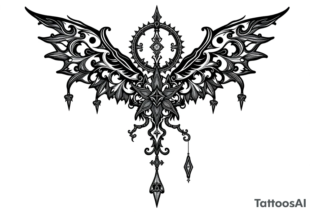 mystical dark and long ornament with witch mytolog and ancient rhyme tattoo idea