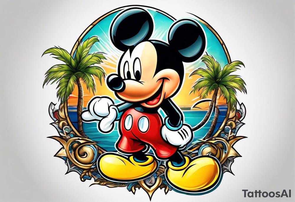 mickey mouse holding lightning with palm trees doing martial arts at the disney castle tattoo idea