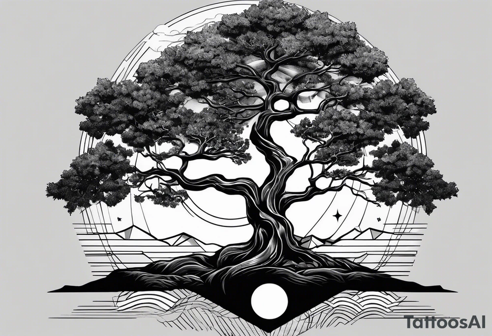 Oak tree by a flowing river with mountains and the sun and crescent moon in the background all inside of a geometric triangle. Some of the image will utilize negative space tattoo idea