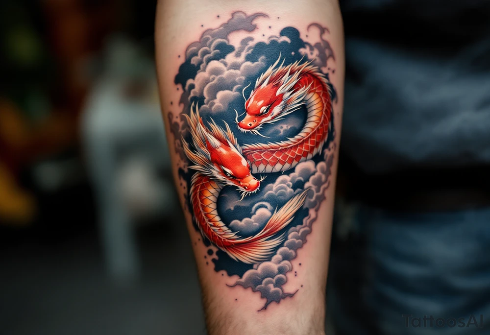 Red Koi and Dragon through swirling clouds, representing transformation and victory. tattoo idea