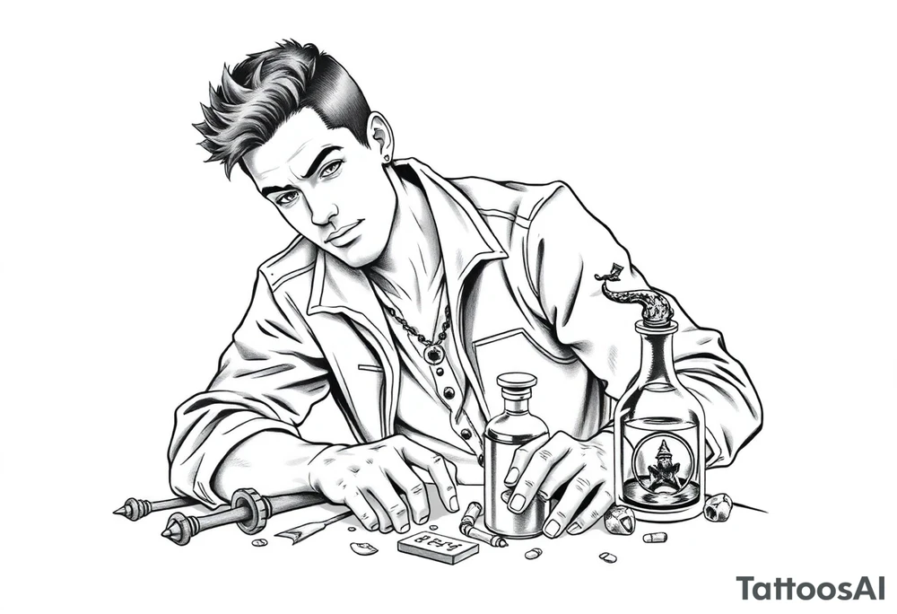 Handsome young adult guy is accidentally stumbled upon witch tools, supplies, artifacts, potions tattoo idea