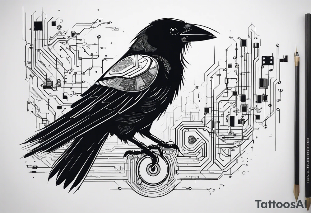 An epic-looking crow sitting on a perch with intricate circuit boards and PCB designs running throughout its feathers. The crow's eye features a tiny CPU fitting perfectly in its pupil. The tattoo will be placed on the outer bicep, primarily in black ink with a small splash of color to make certain elements pop. tattoo idea
