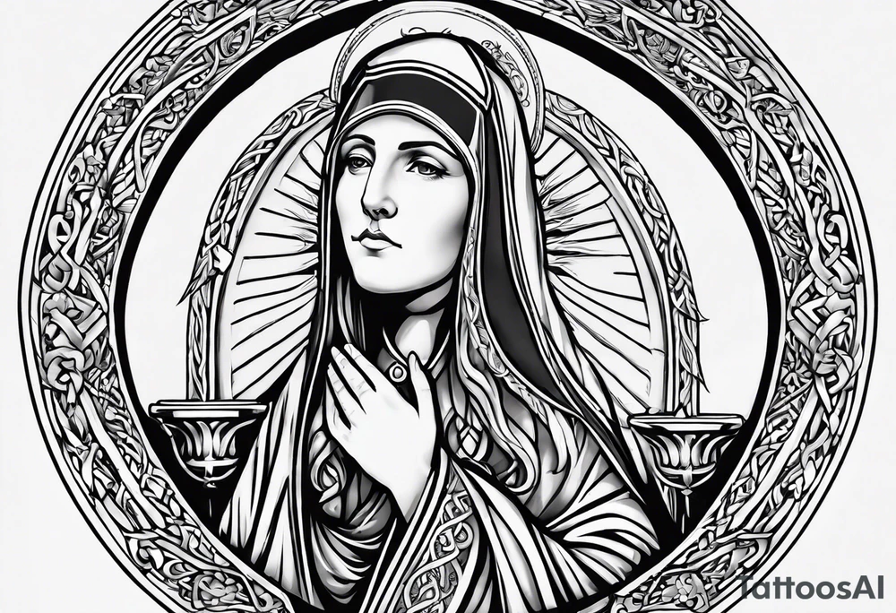 A full back piece themed on the surname mcbride and the irish saint bridget. It should take inspiration from artwork of saint bridget holding fire in her hands. It should have the text Vincit Pericula Virtus on it tattoo idea