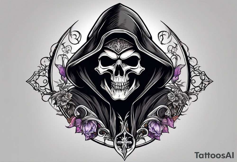 A full body grim reaper with his hood completely off, a halo above his head. tattoo idea