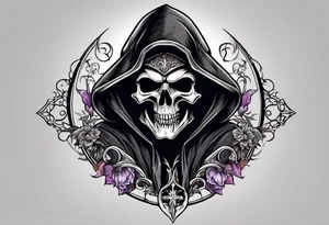 A full body grim reaper with his hood completely off, a halo above his head. tattoo idea