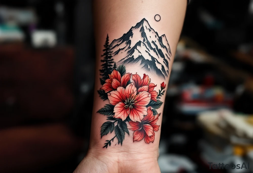 vertical wrist size red  and black rhododendron trippy with Himalayas behind tattoo idea