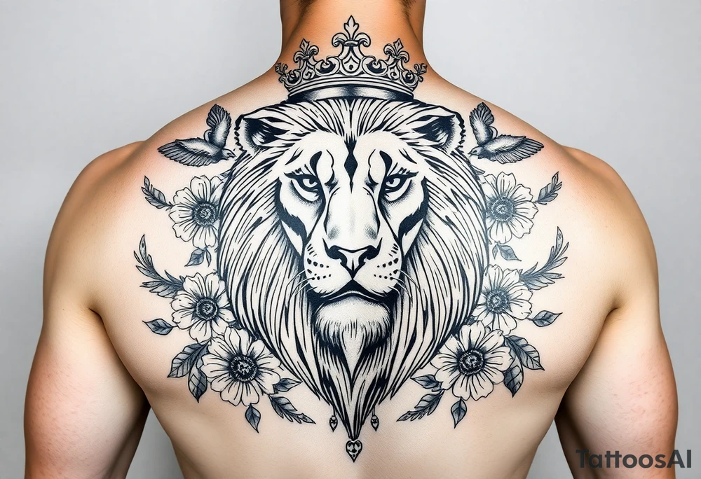 powerful majestic lion with a crown, surrounded by floral ornaments and birds tattoo idea