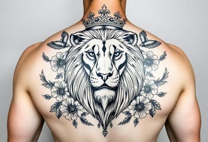 powerful majestic lion with a crown, surrounded by floral ornaments and birds tattoo idea