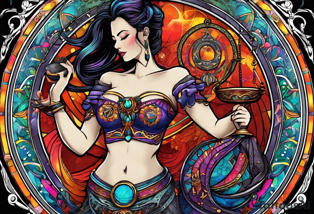 Libra woman holding scales with a night zodiac background including a half moon that encircles half of the woman with vibrant colors tattoo idea