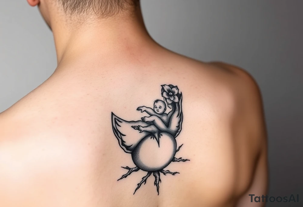 Mère assise qui allaite son bébé, la mère à une fleur de lys sur la tête et des racines d’arbre de vie à ses pieds elle est enveloppé dans un œuf tattoo idea