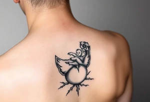 Mère assise qui allaite son bébé, la mère à une fleur de lys sur la tête et des racines d’arbre de vie à ses pieds elle est enveloppé dans un œuf tattoo idea