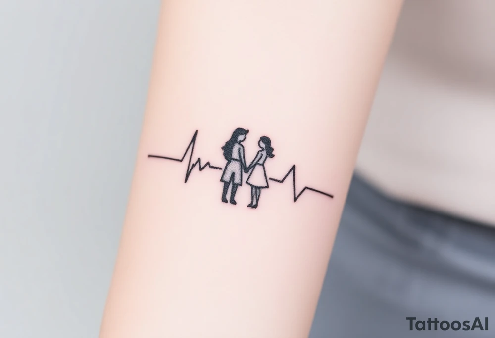 Heartbeat line with a tiny silhouette of a couple holding hands, surrounded by soft pink and lavender tones, symbolizing love and unity. tattoo idea