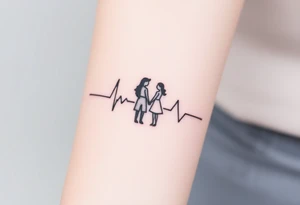Heartbeat line with a tiny silhouette of a couple holding hands, surrounded by soft pink and lavender tones, symbolizing love and unity. tattoo idea