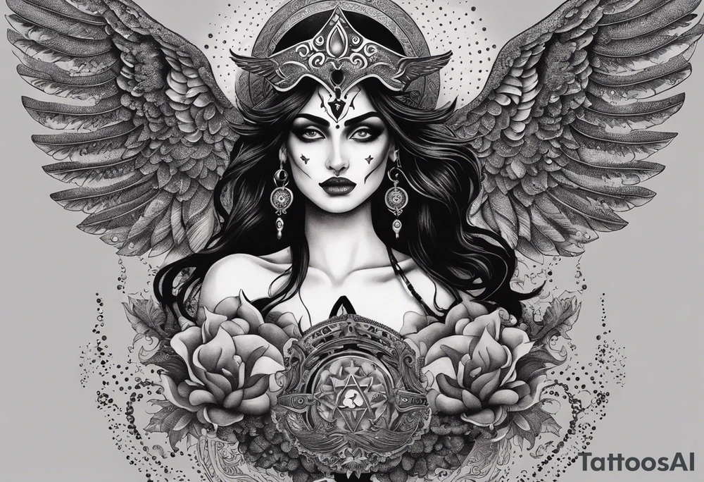 black kali, goddess pirate, alien, angel, pachamama, valkrye, warrior, flying, skull, lotus azul, wing, eagle, zenza resonance, stars, 5D, anahata chakra, death, durga, riding on a tiger, flying lady, chest tatoo tattoo idea