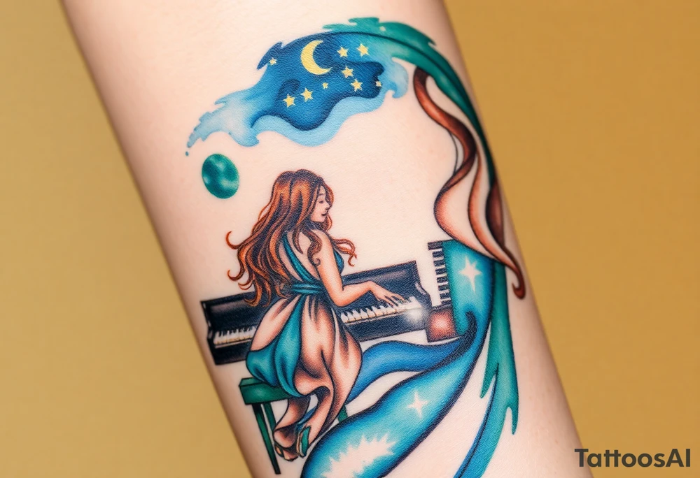 Woman with long wavy brown hair playing a grand piano under the stars swirl tattoo idea