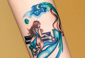 Woman with long wavy brown hair playing a grand piano under the stars swirl tattoo idea