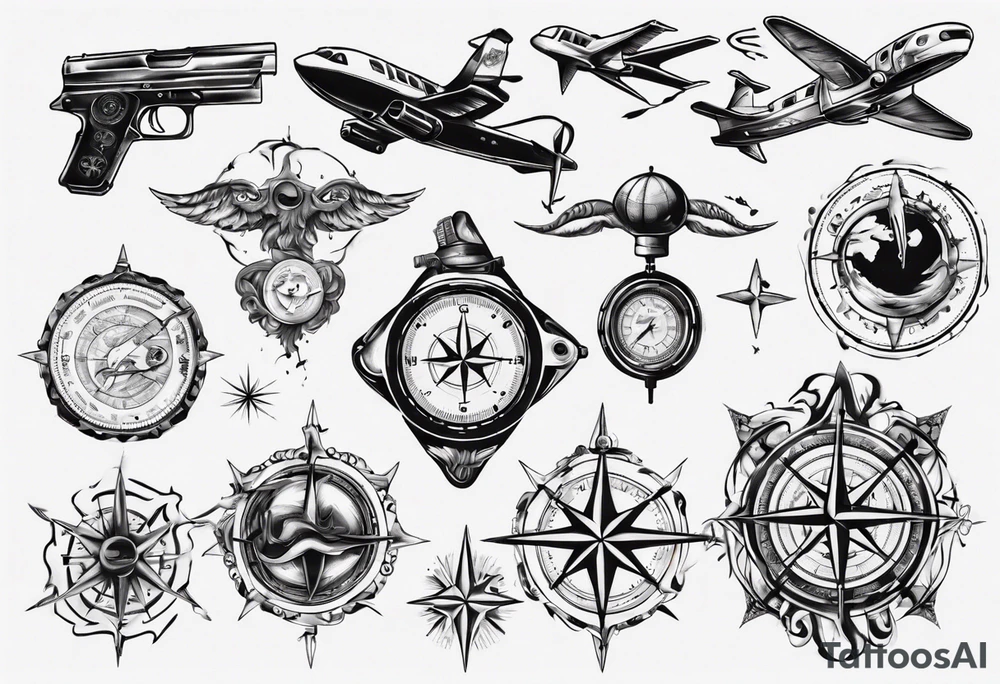 skydiving, shooting guns, compass, adventure tattoo idea