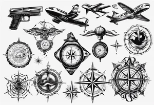 skydiving, shooting guns, compass, adventure tattoo idea