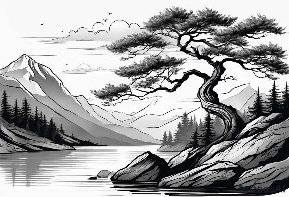 Sleeve tattoo windswept tree before lake with low rock face on another side of the ridge. tattoo idea