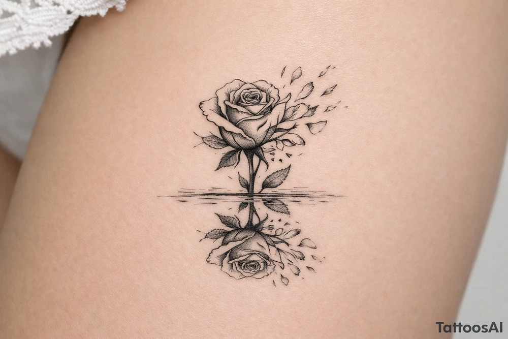Single rose, petals shattering outwards, mirror reflection tattoo idea