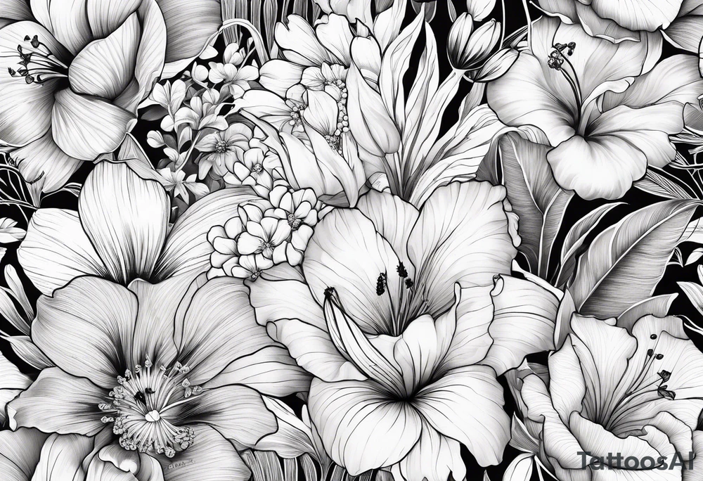 Verticle arm placement of dainty hibiscus, TULIPS, LILLIES, DRAGONflower, with wildflowers, poppy, bees, peony, forearm tattoo idea