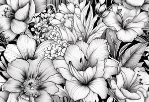 Verticle arm placement of dainty hibiscus, TULIPS, LILLIES, DRAGONflower, with wildflowers, poppy, bees, peony, forearm tattoo idea