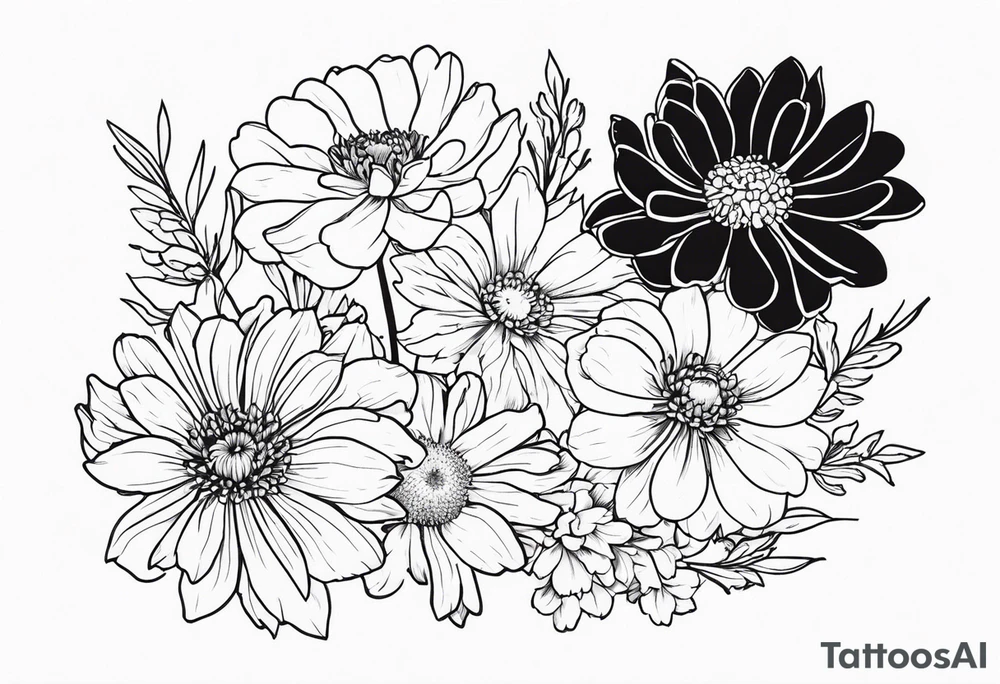 cosmos, chrysanthemums,and narcissus flower arrangement for a tattoo on the fore arm tattoo idea