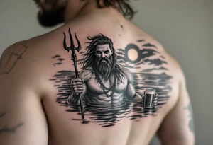 young, happy, fit poseidon in calm water, holding a trident, drinking a beer, with sunset, with ski bare feet tattoo idea