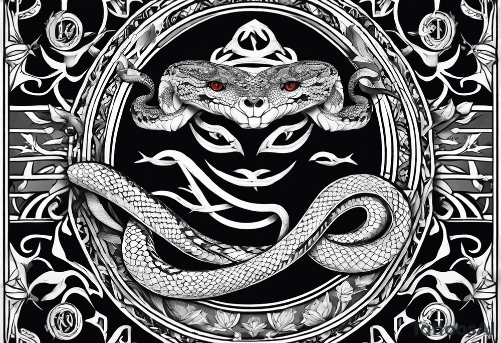 sleeve tattoo with a snake, gun, weed symbol and a medallion that says Hydra on it tattoo idea