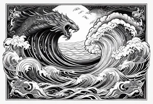 Almighty Jesus Christ ascends from Heaven to battle against the Almighty Serpent in the ocean tattoo idea