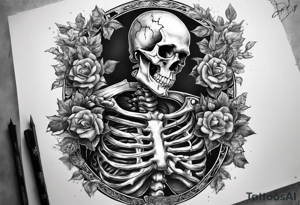 Realistic full skeleton with chest cracked and he is grasping at his heart tattoo idea