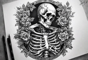 Realistic full skeleton with chest cracked and he is grasping at his heart tattoo idea